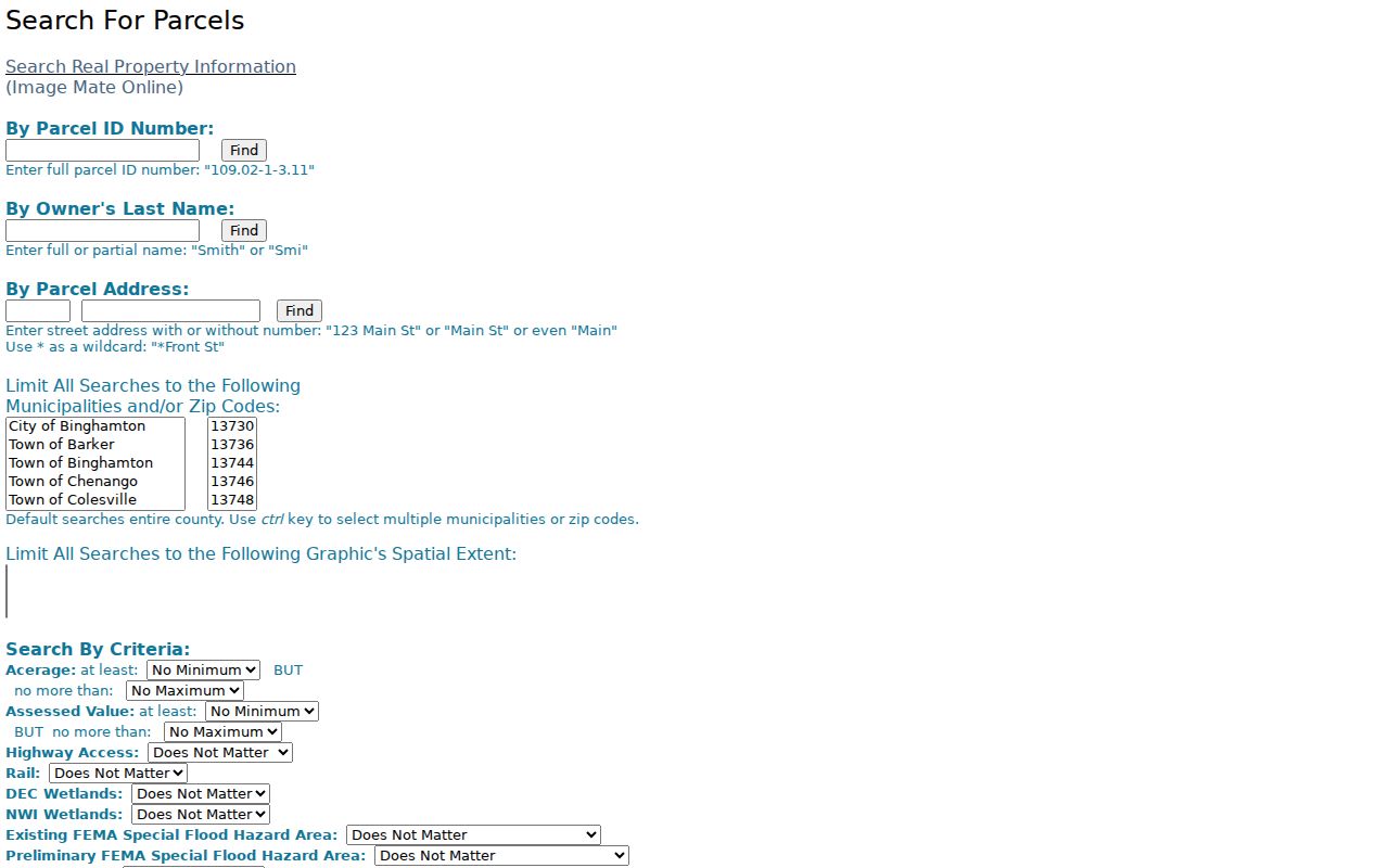 Binghamton street directory Image Mate parcel search with address and owner fields