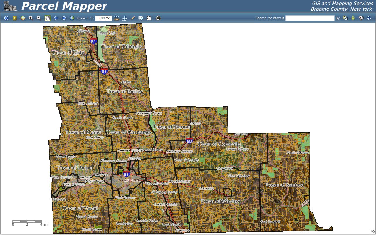 Binghamton street directory Parcel Mapper showing parcel layers and aerial controls